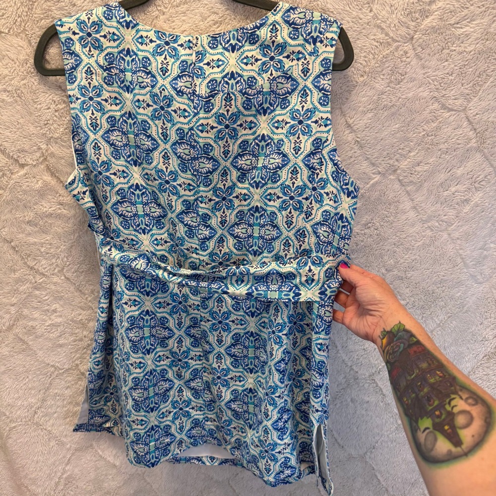 Jessica London Quiet Luxury Coastal Grandma Linen Blend Tie Waist Tunic Top 14W - Picture 2 of 10